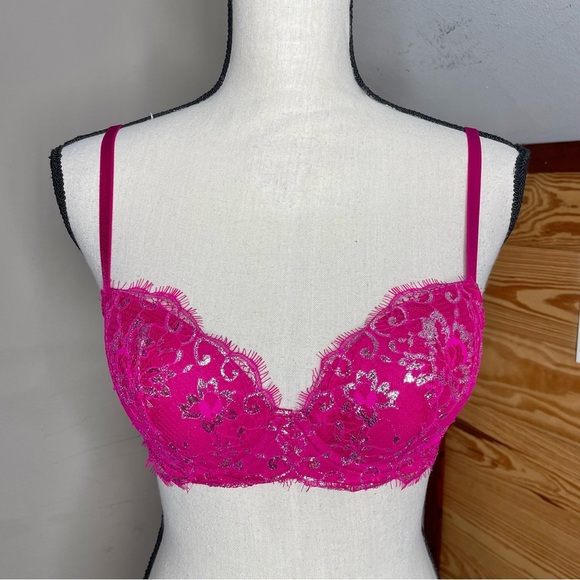 Victoria’s Secret Dream Angels Lined Demi Underwire Bra Pink Silver Lace 32C NWT - Picture 2 of 8